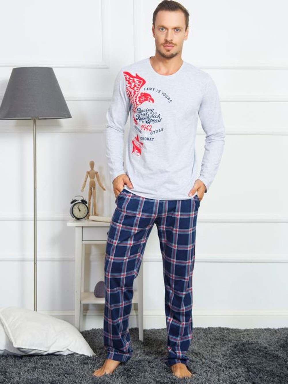 Домашний мужской комплект с брюками (Размер: XXXL) (Цвет: серый с синим)