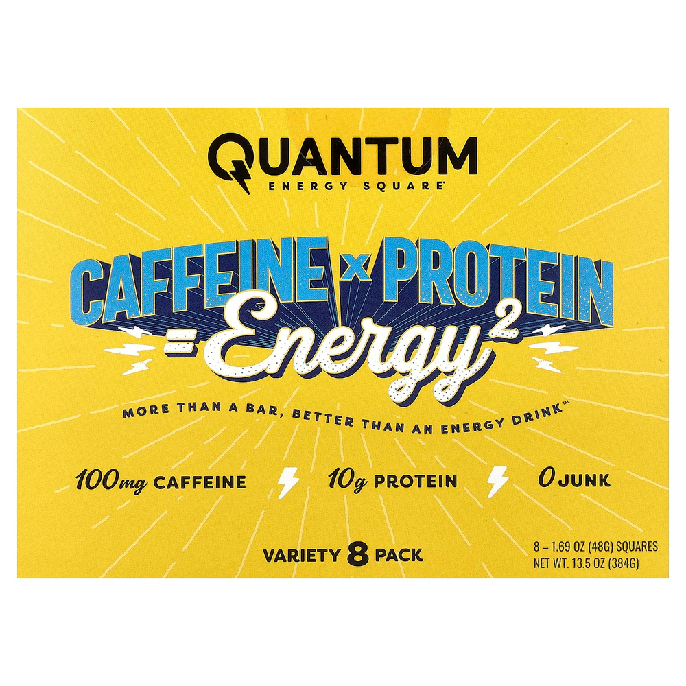 Quantum Energy Square, протеиновый снек с кофеином, ассорти из 8 порционных порций по 48 г (1,69 унции)