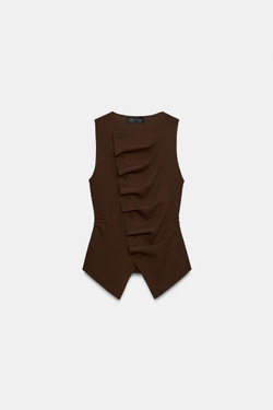 ZARA ТРИКОТАЖНЫЙ ТОП СО СБОРКАМИ, КОРИЧНЕВЫЙ