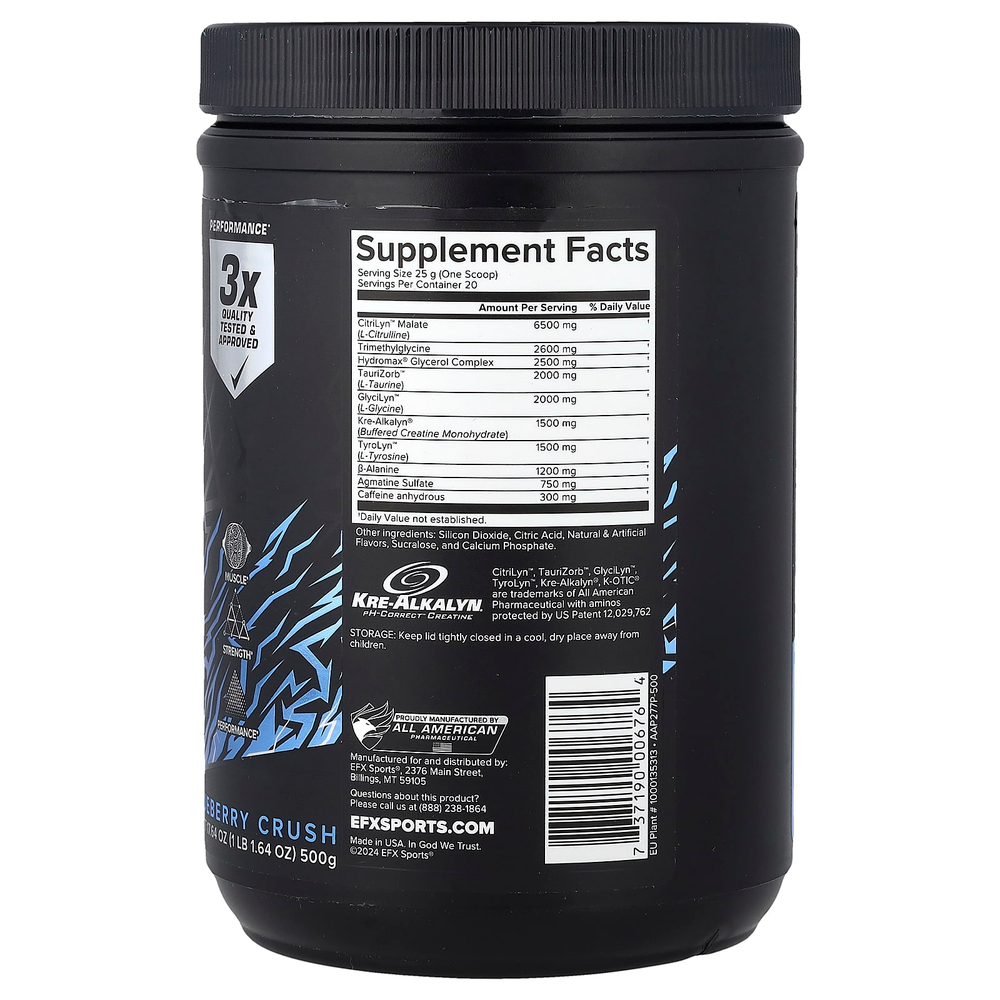 EFX Sports, предтренировочный комплекс K-otic®, со вкусом голубики, 500 г (1 фунт, 1,64 унции)