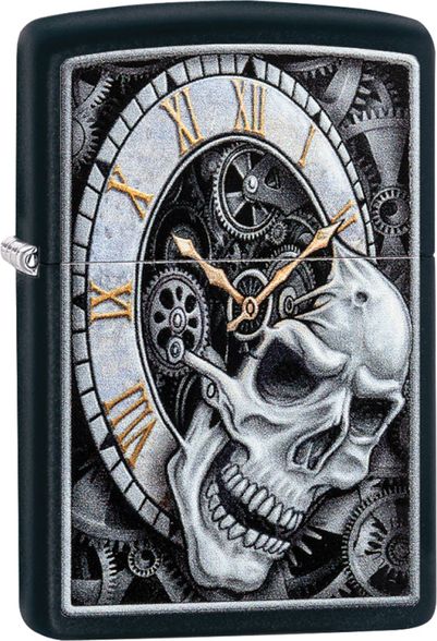 Цена наЗажигалка ZIPPO Skull Clock с покрытием Black Matte, латунь/сталь, чёрная, матовая, 36x12x56 мм