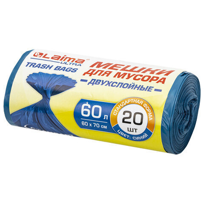 Мешки для мусора LAIMA «ULTRA» 60 л синие, в рулоне 20 шт. прочные, ПВД 21 мкм, 60×70 см, 3 упаковки.