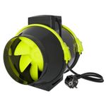 Канальный вентилятор extractor tt fan 150 с ярко-зелеными лопастями и креплениями, вид спереди-сбоку на белом фоне, виден шнур питания