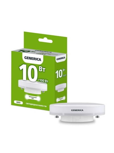 Лампа светодиодная T80 10Вт таблетка 4000К GX53 230В GENERICA LL-T80-10-230-40-GX53-G