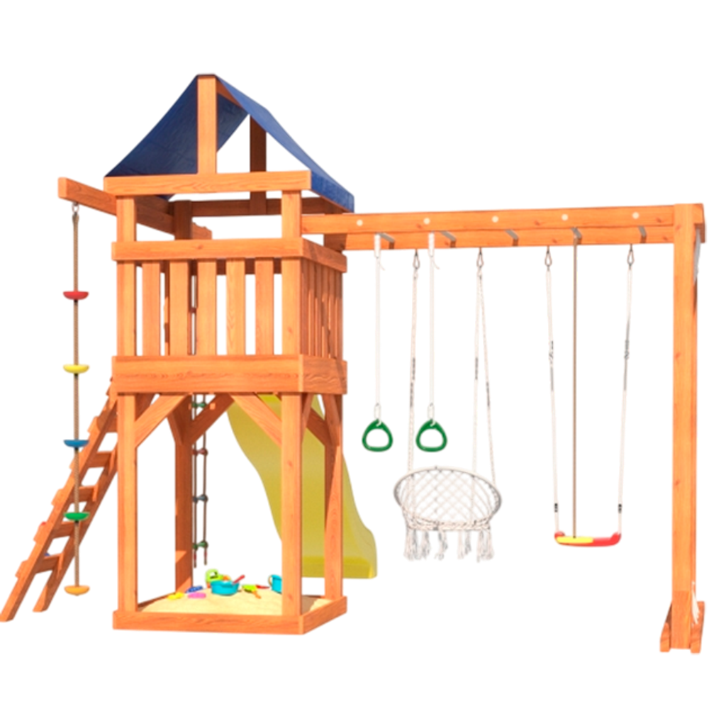 Детская площадка Fun Land с модулем сетка-рукоход, подвесным креслом и качелями