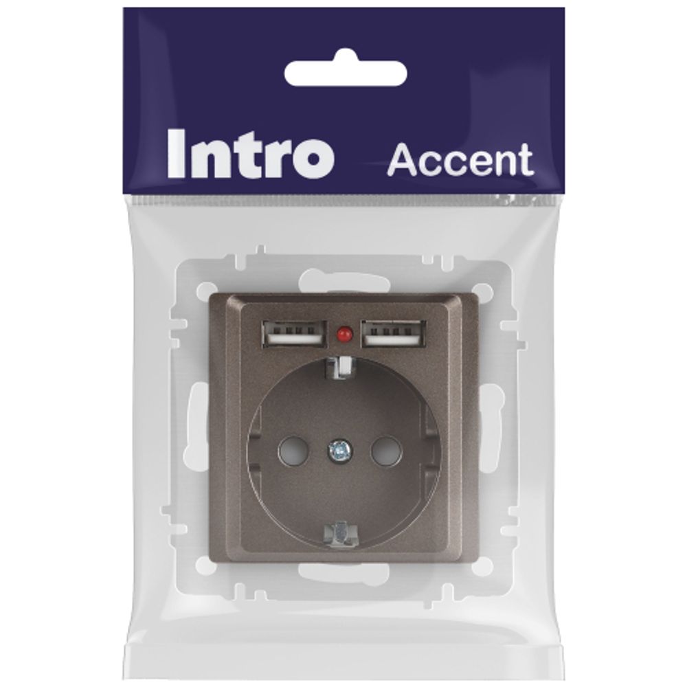 Розетка Intro Accent 6-410-08 с заземлением 2P+E Schuko со шторками 16А-250В + 2хUSB IP20 СУ бронза | Intro