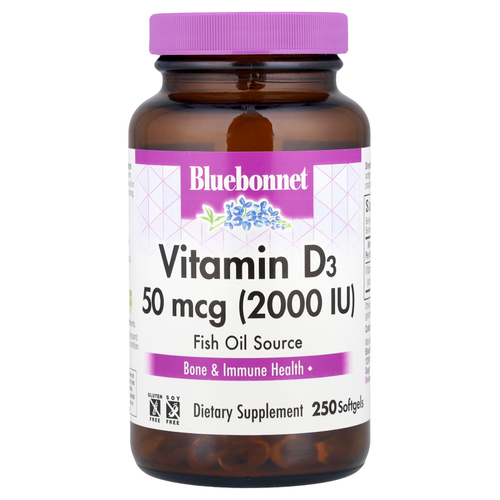 Bluebonnet Nutrition, витамин D3, 50 мкг (2000 МЕ), 250 капсул