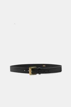 ZARA РЕМЕНЬ ИЗ 100% КОЖИ С КВАДРАТНОЙ ПРЯЖКОЙ, ЧЕРНЫЙ