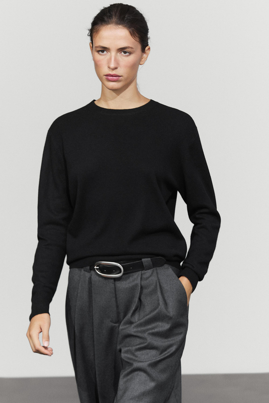 Massimo Dutti Вязаный свитер с круглым вырезом из смесовой шерсти, черный