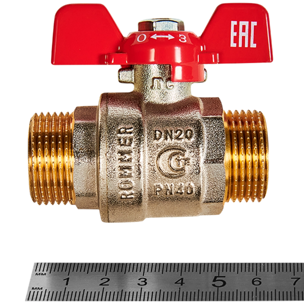Кран шаровой полнопроходной ROMMER - 3/4" (НР/НР, PN40, ручка-бабочка)