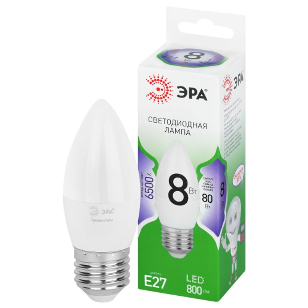 Лампа светодиодная ЭРА GREEN LINE LED B35-8W-865-E27 GL 8Вт свеча холодный свет E27 | Лампы cветодиодные Свеча (B/C)