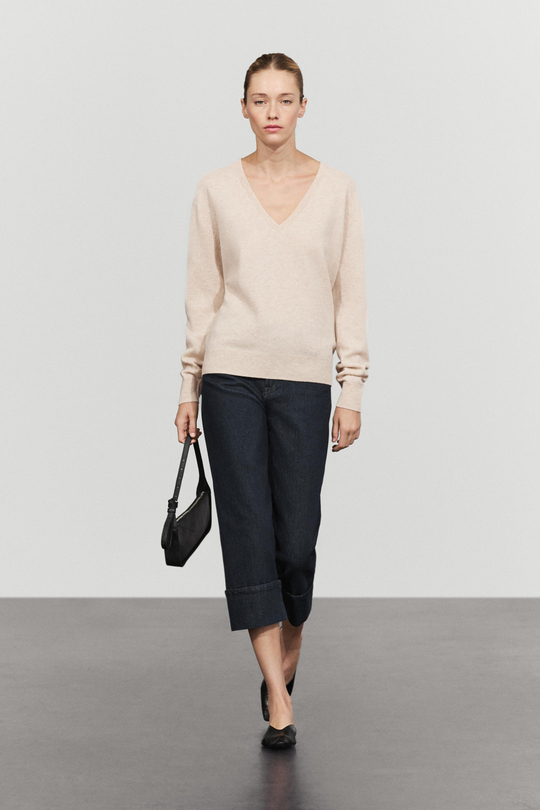 Massimo Dutti Свитер из 100% шерсти с V-образным вырезом, натуральный/кремовый