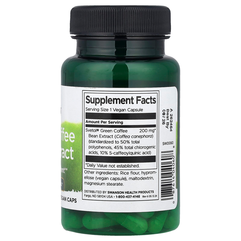 Swanson Vitamins, экстракт зерен зеленого кофе, 60 веганских капсул (200 мг в 1 капсуле)