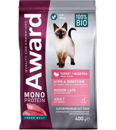 Award Monoprotein Adult Cat Индейка с добавлением яблока и артишока 400гр.