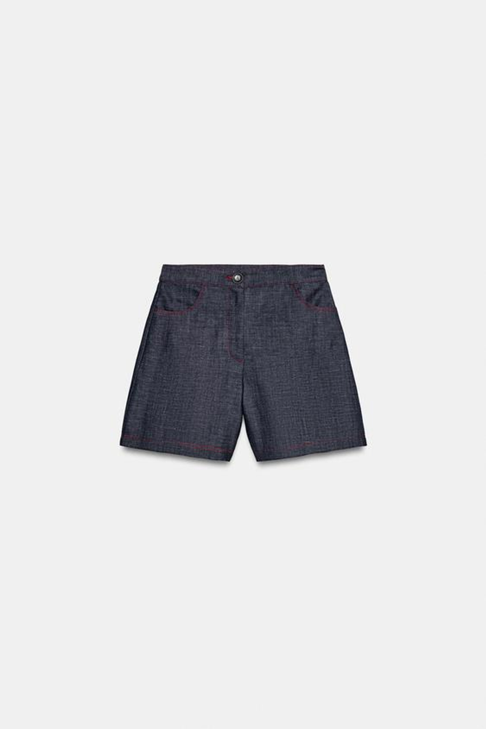 ZARA ЛЬНЯНЫЕ ШОРТЫ С КОНТРАСТНОЙ СТРОЧКОЙ, ИНДИГО