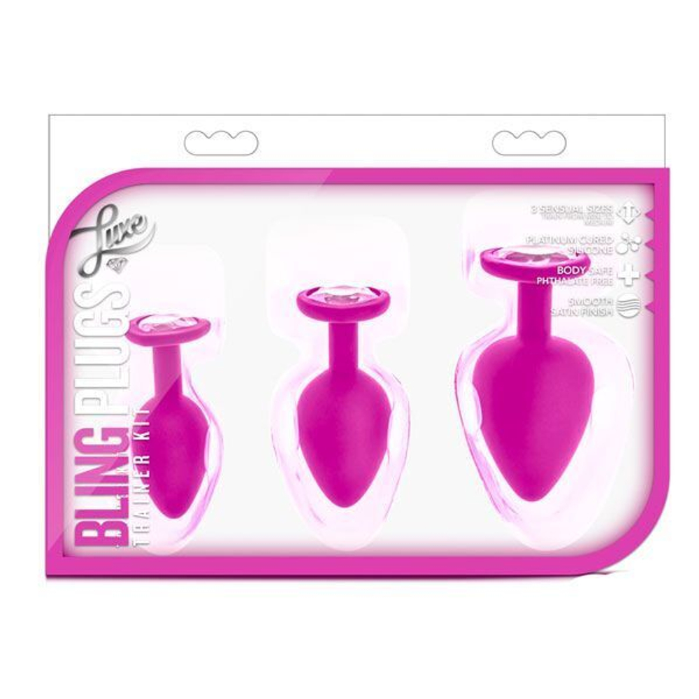 Набор розовых анальных пробок с прозрачным кристаллом-сердечком Bling Plugs Training Kit (Цвет: розовый)