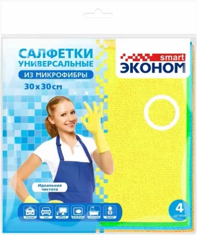 ЭКОНОМ SMART №4 Салфетка Универсальная из МИКРОФИБРЫ 4шт 30*30 *20 хедер