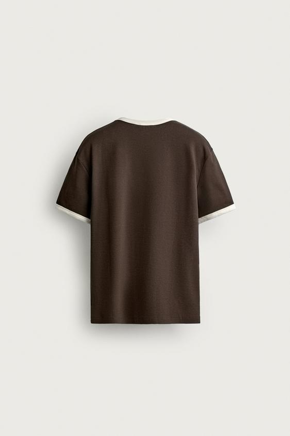 ZARA ФУТБОЛКА В РУБЧИК С КОНТРАСТНОЙ ОТДЕЛКОЙ БАЗОВАЯ, КОРИЧНЕВЫЙ