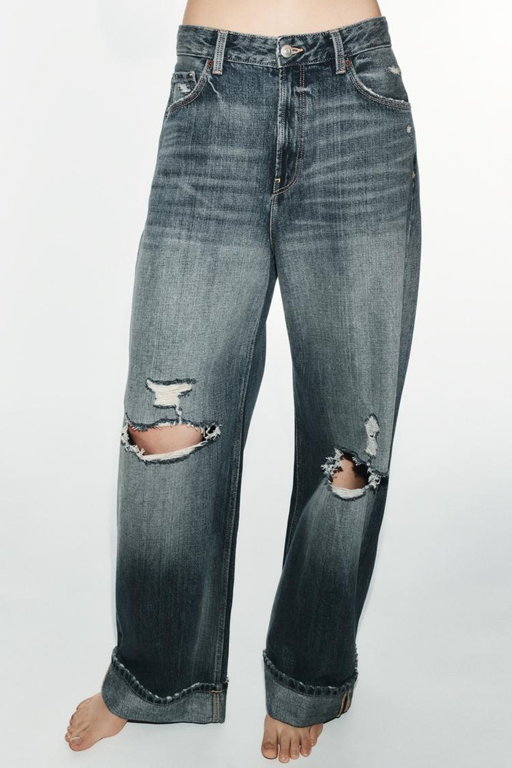 ZARA ДЖИНСЫ TRF BAGGY FOLDED СО СРЕДНЕЙ ПОСАДКОЙ, МОРСКОЙ СИНИЙ