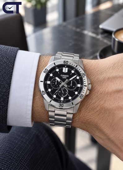 CASIO MTP-VD300D-1E CASIO Collection мужские наручные часы — чёрный циферблат, три индикатора и выразительный стальной дизайн