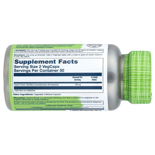 Solaray, True Herbs, пассифлора, 100 капсул VegCap (350 мг в 1 капсуле VegCap)