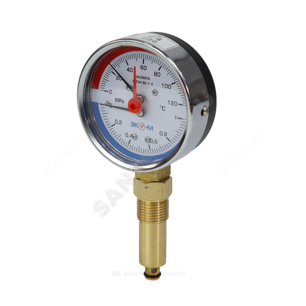 Термоманометр МД04 радиальный Дк80 0-1,0 МПа L=40мм G1/4" 120С с переходником на G1/2" ЭКОМЕРА МД04-80-G-1МПа-120-L-40-РИ