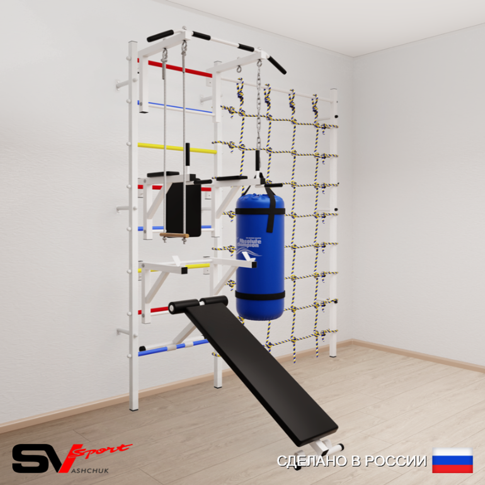 Шведская стенка Sv Sport 59320 (Турник стандарт/Брусья/Стойка/Скамья/Трапеция/Цепь/Мешок 22кг/Канатный лаз)