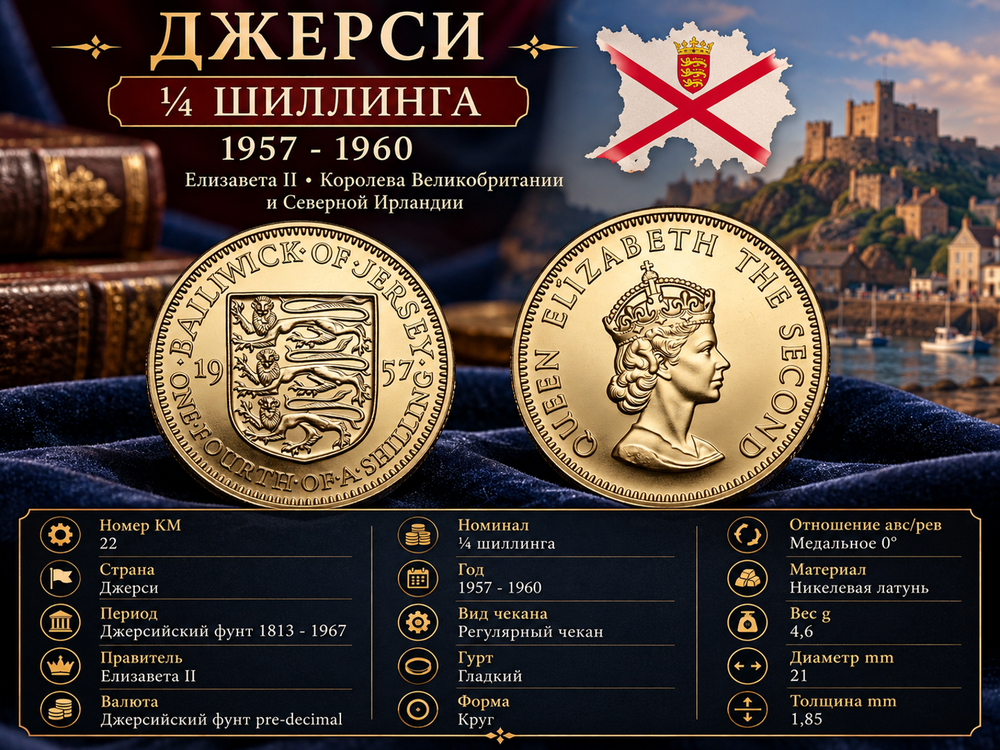 Джерси 1/4 шиллинга, 1957 Королева Елизавета II XF