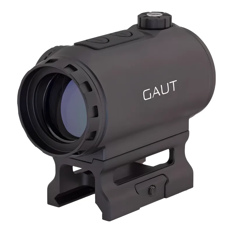 Коллиматор Gaut Tourmaline 1x25, закрытый, точка 3 МOA зелёная, Weaver - вид сзади слева на высоком кронштейне