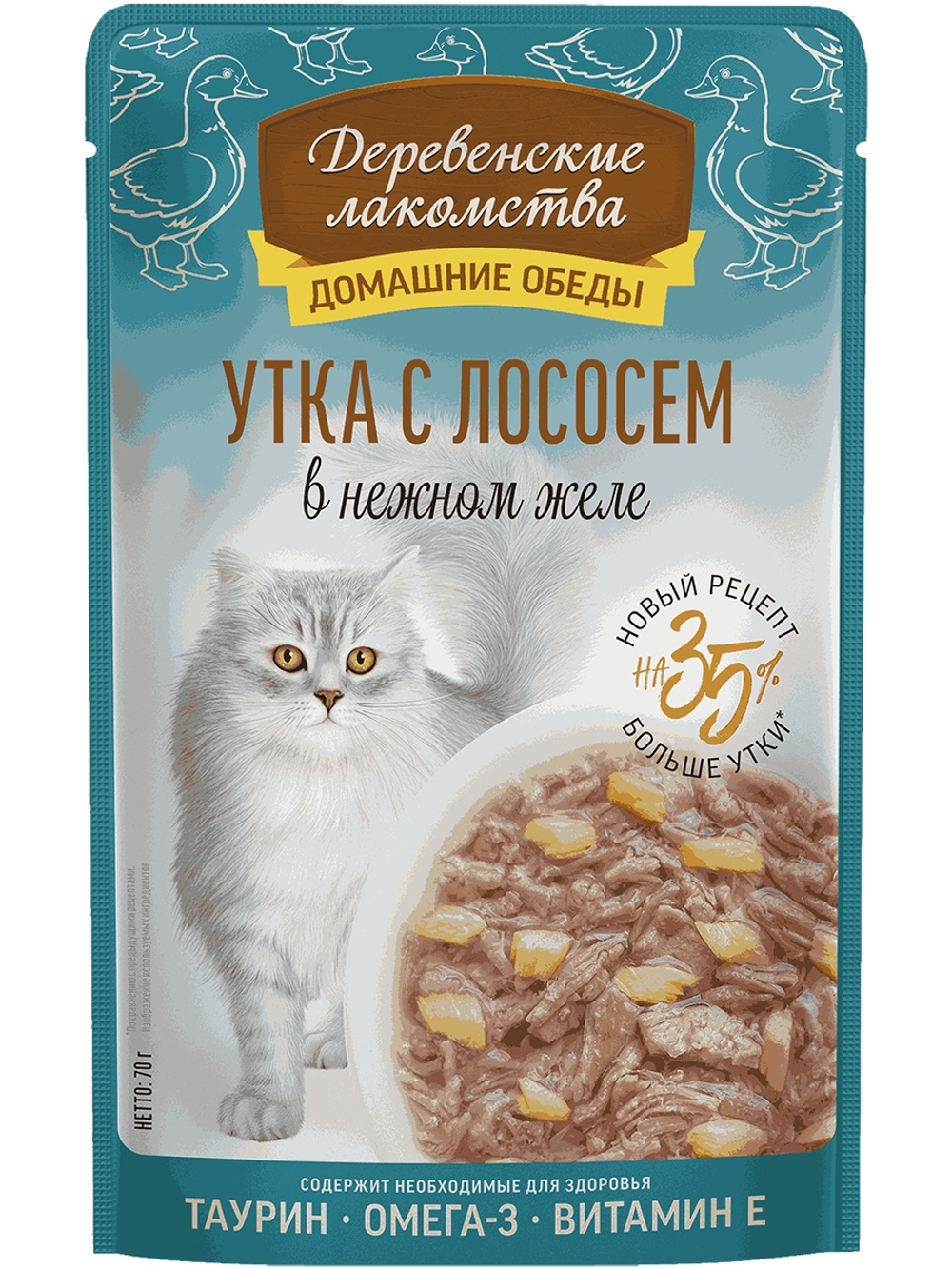 Деревенские Лакомства Пауч для кошек Утка с Лососем в желе, 70гр (М)