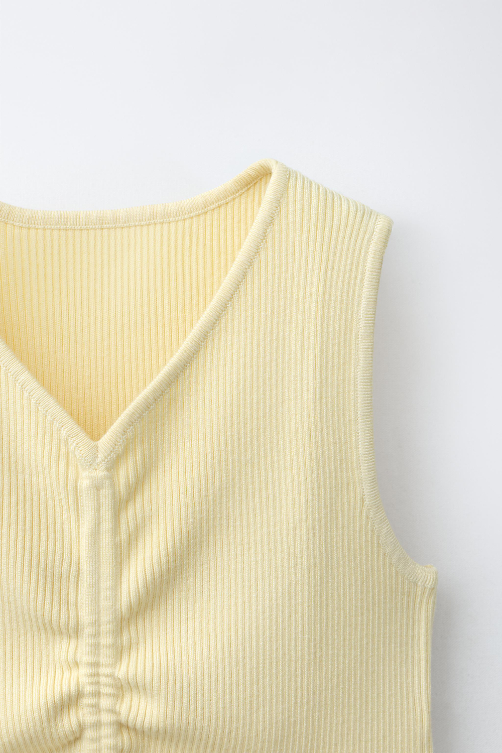 ZARA ТРИКОТАЖНЫЙ ТОП В РУБЧИК СО СБОРКАМИ, ЖЕЛТЫЙ