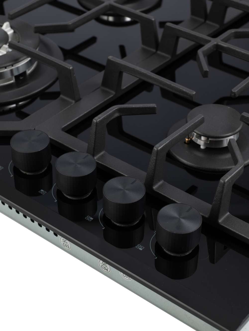 Газовая варочная панель шириной 60 см, Macbi MBH64WFGI.V2-BL Чернаяс Wok-конфоркой, Черное закаленное стекло, Электроподжиг, Газ-контроль, Решетки из чугуна