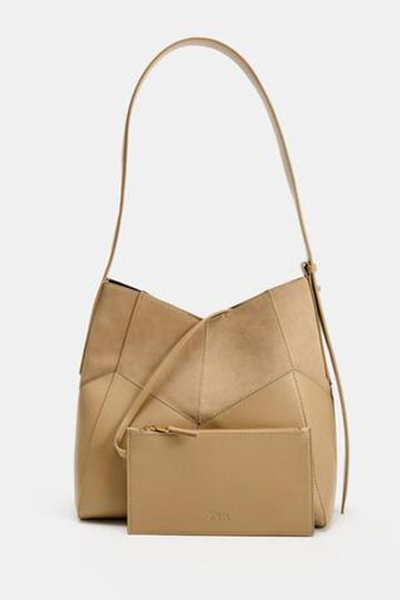 ZARA СУМКА НА ПЛЕЧО ИЗ КОМБИНИРОВАННЫХ МАТЕРИАЛОВ, ПЕСОЧНЫЙ/КОРИЧНЕВЫЙ