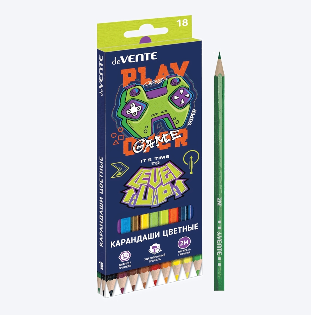 Карандаши цветные 18 цветов, 2М, шестигранные "Level Up Game" (deVENTE)