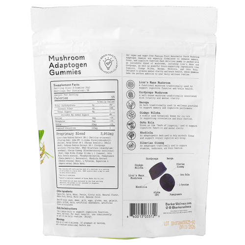 Barker Wellness Co, жевательные грибной адаптоген, со вкусом арбузного пунша, 60 жевательных таблеток