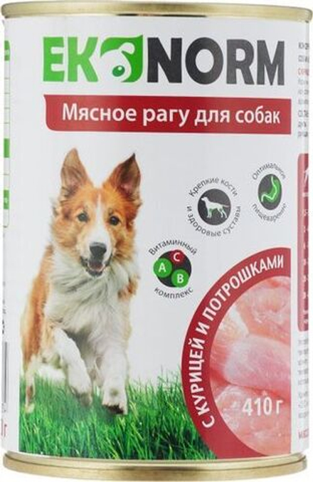 Корм консервированный для собак EKONORM "Мясное рагу с курицей и потрошками" 340 г