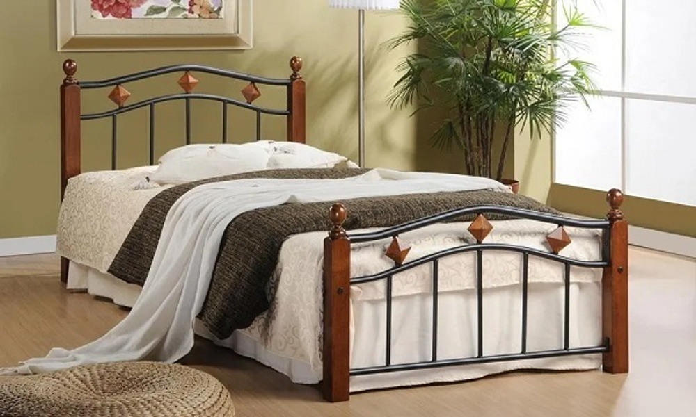 Кровать AT-126 -дерево гевея/металл, 90*200 см (Single bed), красный дуб/черный