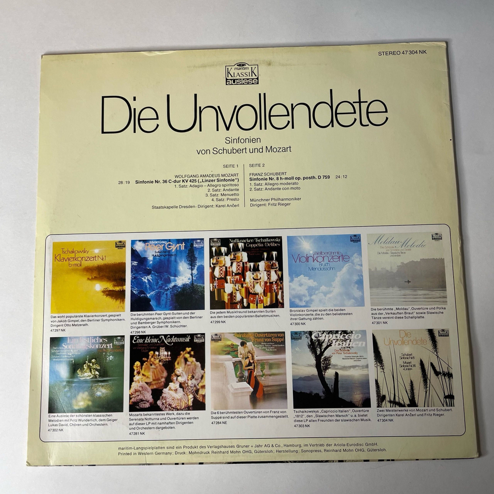 Винтажная виниловая пластинка LP Schubert Шуберт, Mozart Моцарт Die Unvollendete (Германия 1980)