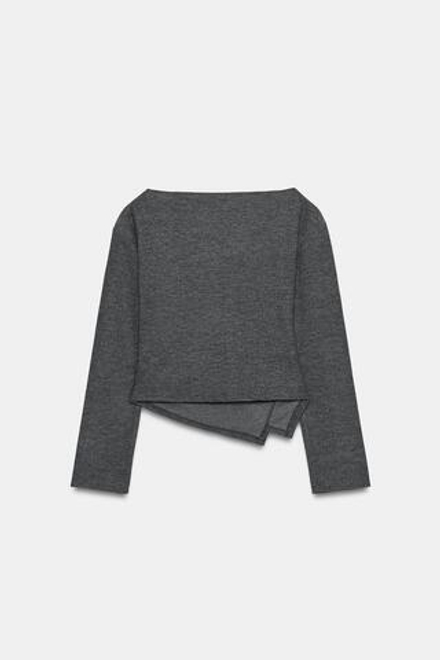 ZARA ТОП ИЗ МЯГКОЙ ТКАНИ С БРОШЬЮ, ТЕМНО-СЕРЫЙ