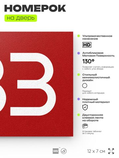 Номер на дверь 933, табличка на дверь для офиса, квартиры, кабинета, аудитории, склада, красная 120х70 мм, Айдентика Технолоджи