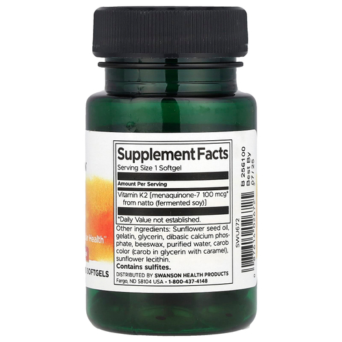 Swanson Vitamins, Натуральный витамин K2, 100 мкг, 30 мягких таблеток