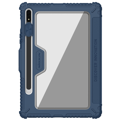 Чехол книжка синего цвета (Sapphire Blue) от Nillkin для планшета Samsung Galaxy Tab S8 и S8 5G, серия Bumper Pro, с защитной шторкой для камеры