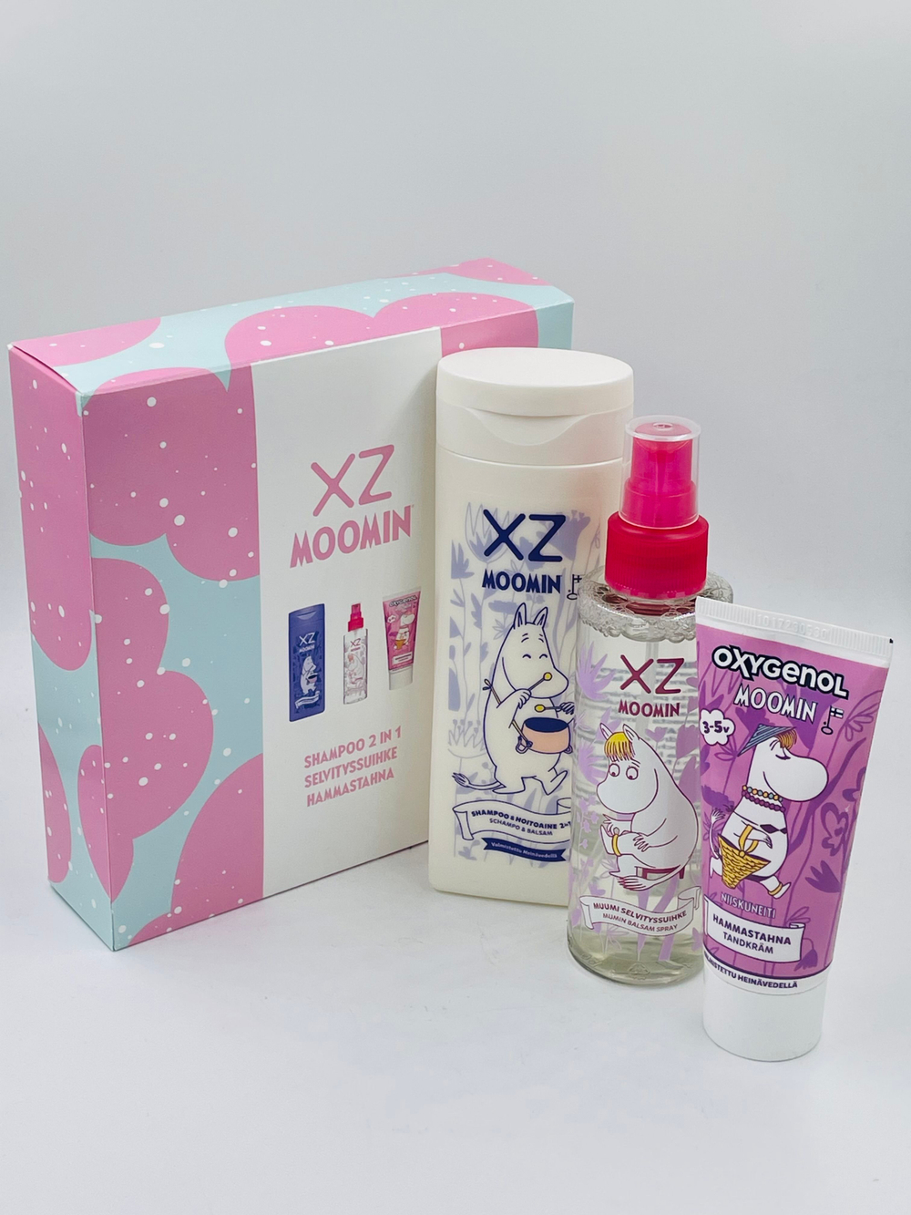 Подарочный набор XZ Moomin (шампунь 2в1 250 мл, спрей для волос 150 мл, зубная паста 50 мл) (из Финляндии)