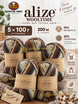 Вултайм (Wooltime) пряжа Alize 75%SWшерсть 25%полиамид 5х100г/200м (11024 кремовый-коричневый-серый-черный)