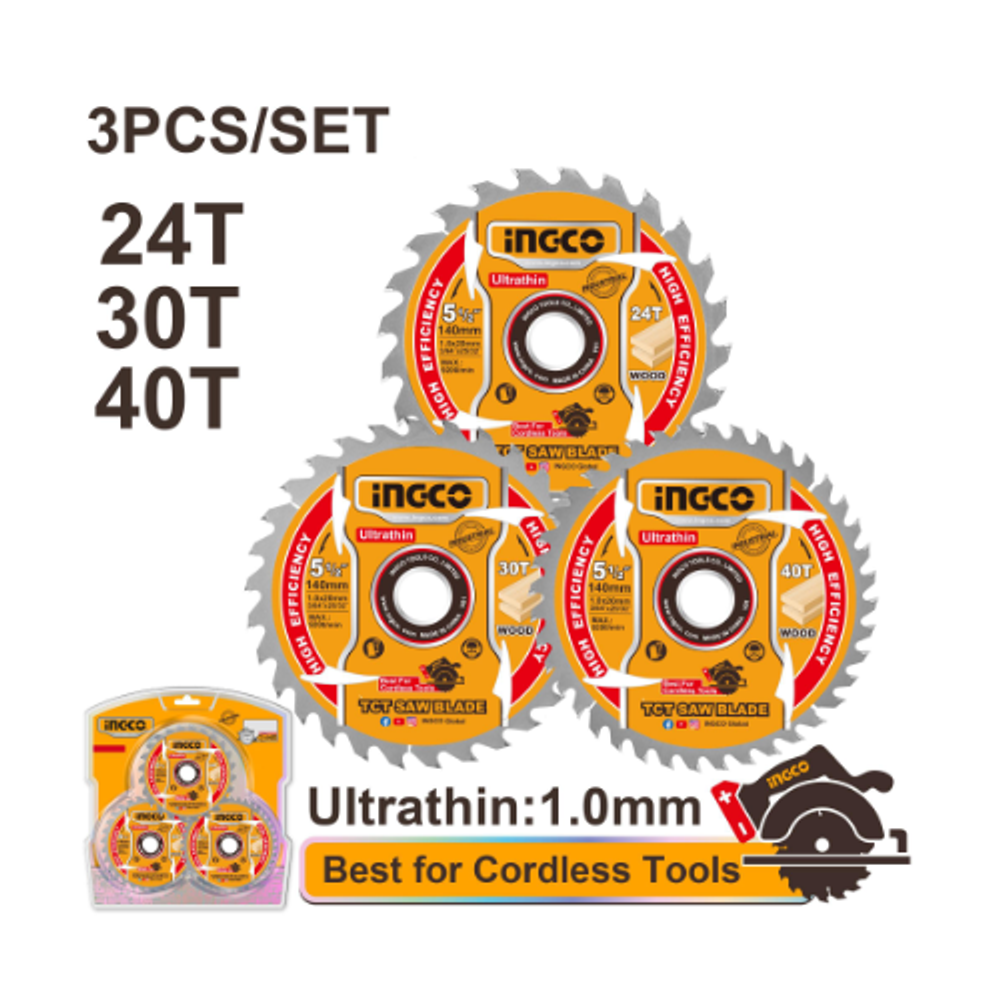 Диск пильный по дереву ультратонкий TCT INGCO TSB16503 INDUSTRIAL 165х20х1 мм 24Т, 40Т, 60Т 3 шт.