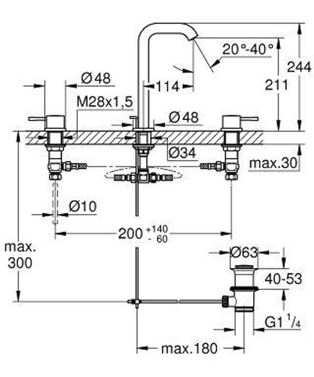 Смеситель  для раковины на 3 отверстия Grohe  Essence New 20299001 схема