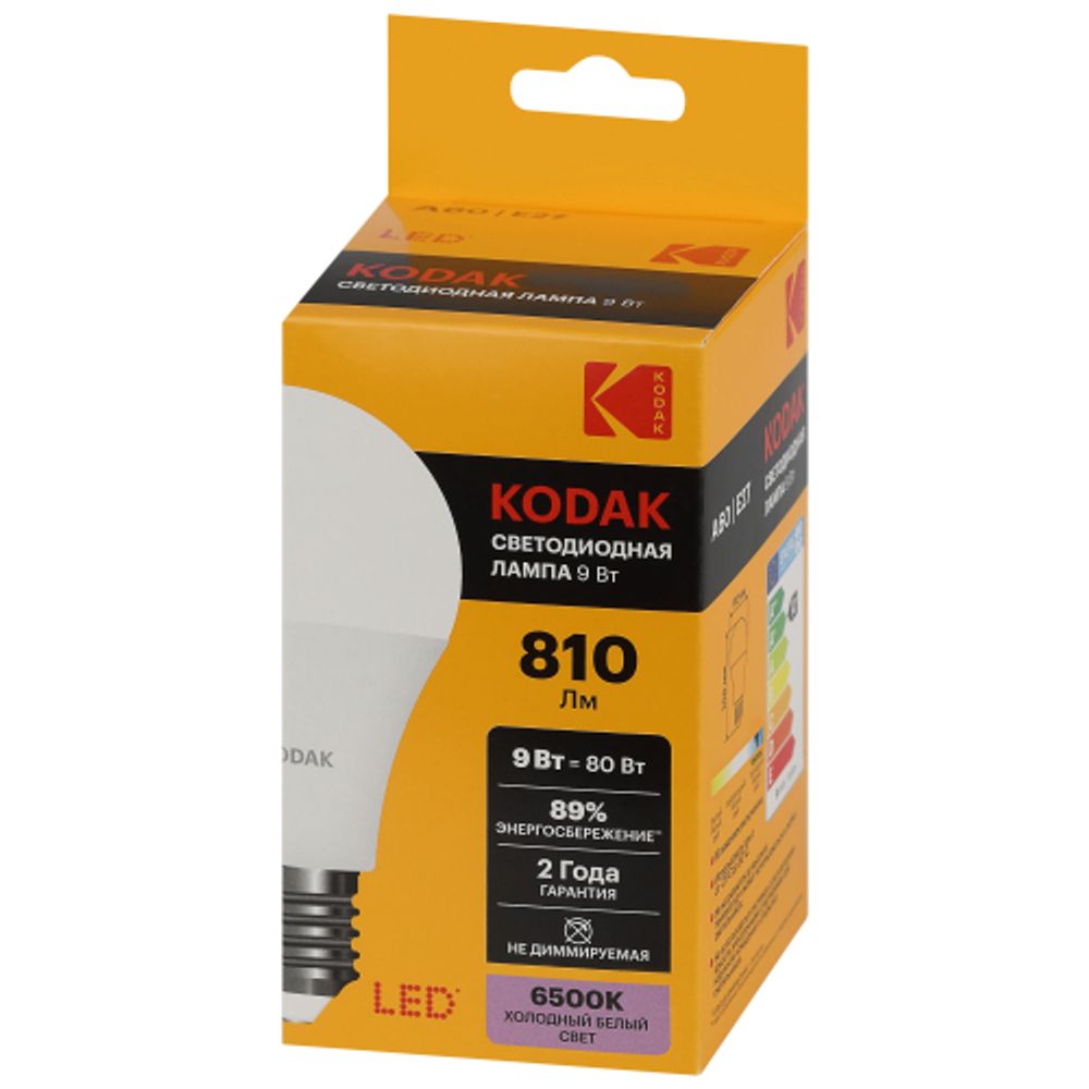 Лампа светодиодная Kodak LED A60-9W-865-E27 K 9Вт груша холодный дневной свет Е27 | Лампы cветодиодные Груша (A)