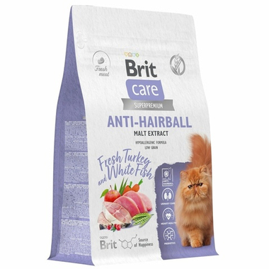 Brit Care Cat Anti-Hairball Белая рыба/Индейка для кошек 1,5 кг