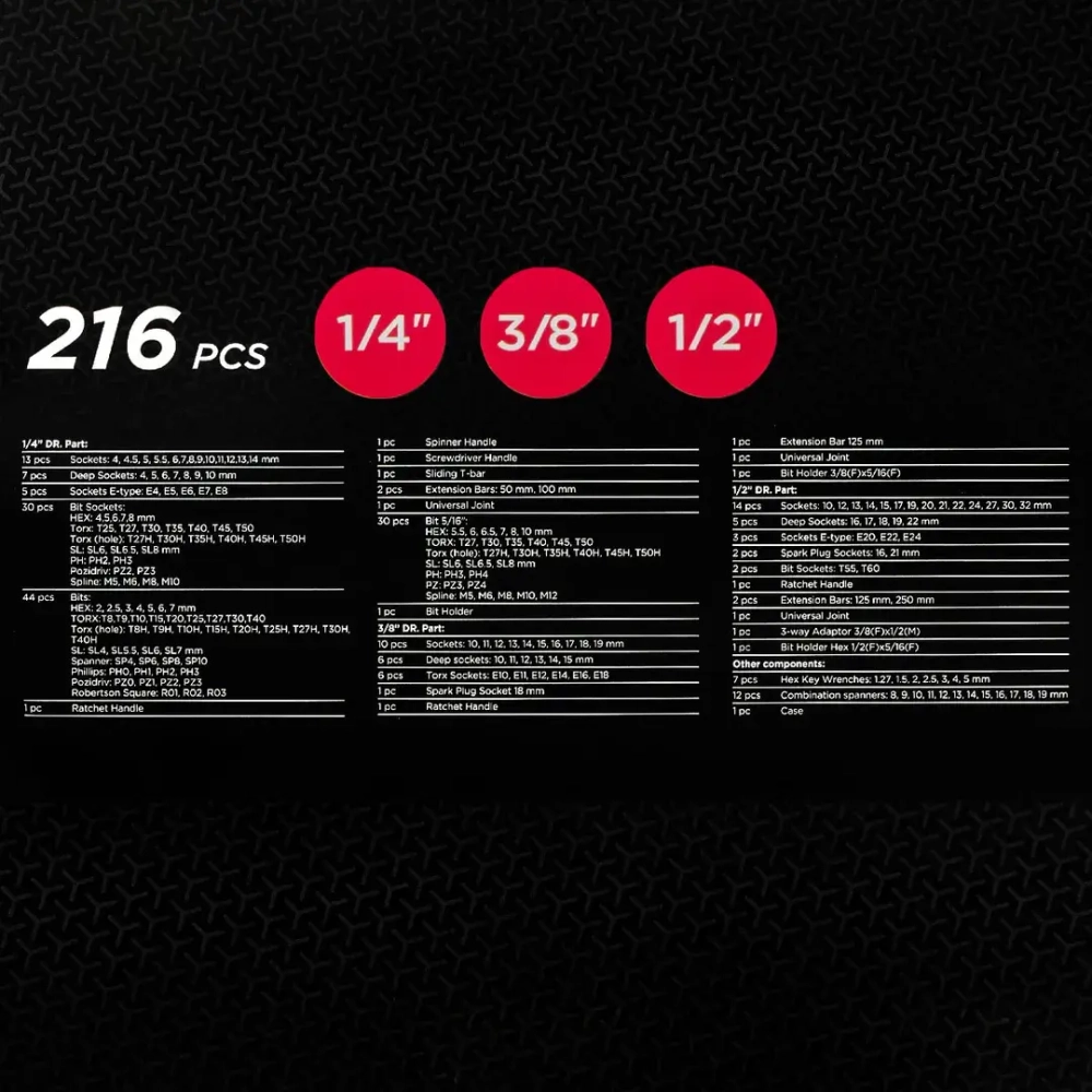 Набор инструментов 216 пр.1/4'',3/8'',1/2''(6гр.)(4-32мм) DISEN DS38841