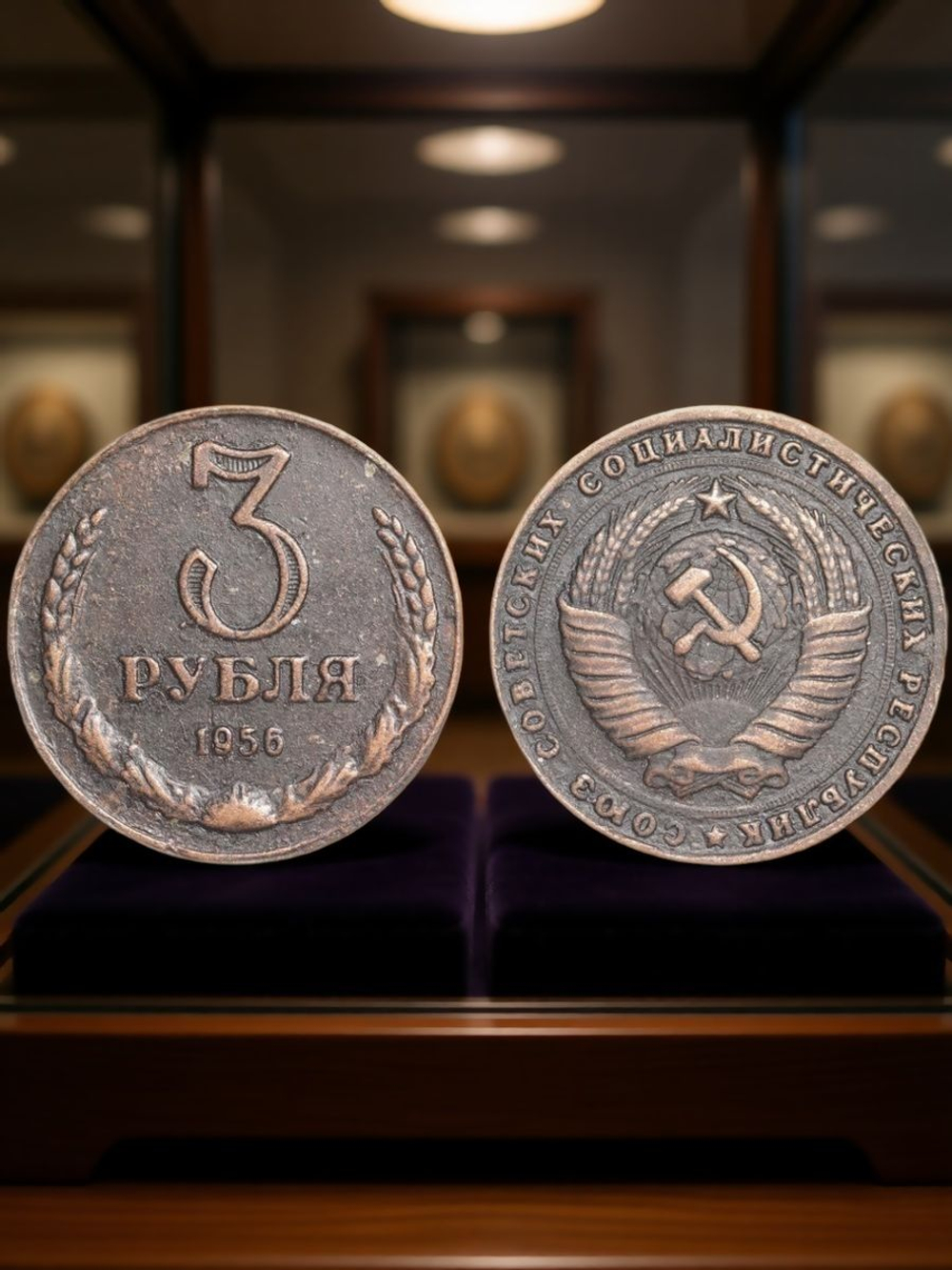 3 рубля 1956 года СССР Советский Союз Годовик. Проба Советы. Копия пробной монеты медь патина